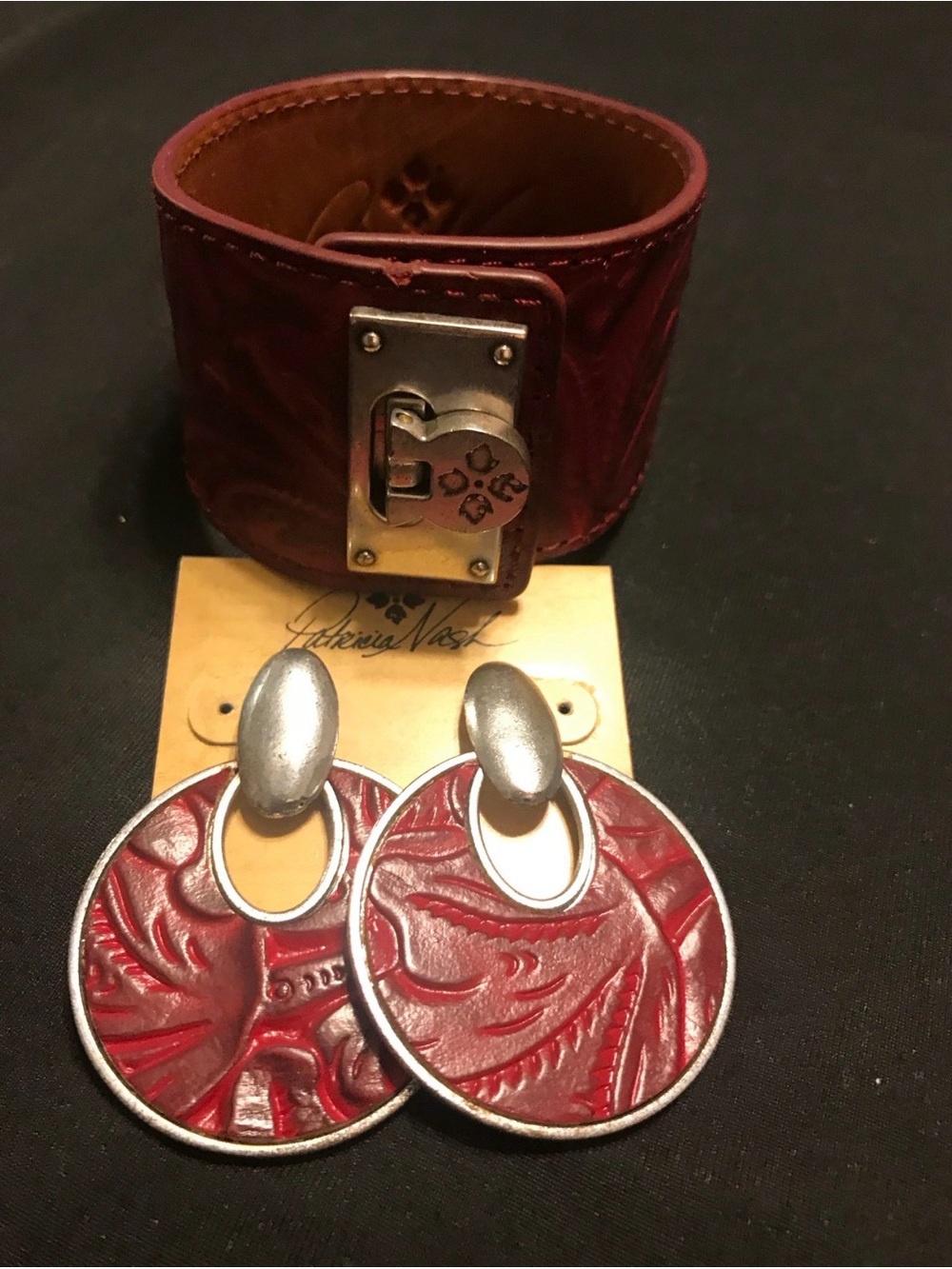 Leather Red Embossed Cuff Bracelet & Earring Set